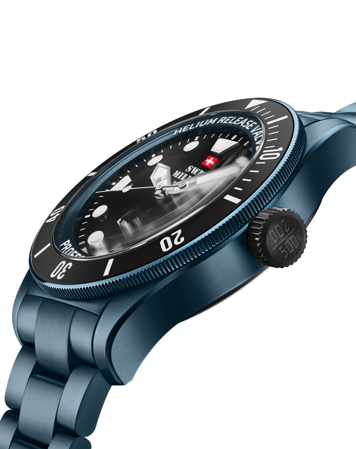 Swiss Military DIVER 500 Limited Edition - Blau beschichtetes Edelstahlgehäuse Seitenansicht mit Keramiklünette