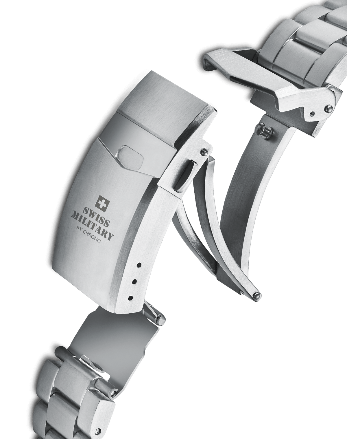 Close-up of stainless steel safety clasp with diver extension on Swiss Military bracelet