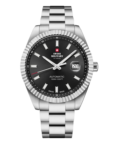 Classic Swiss automatic watch with black dial and fluted bezel – Swiss Military SMA34110.01