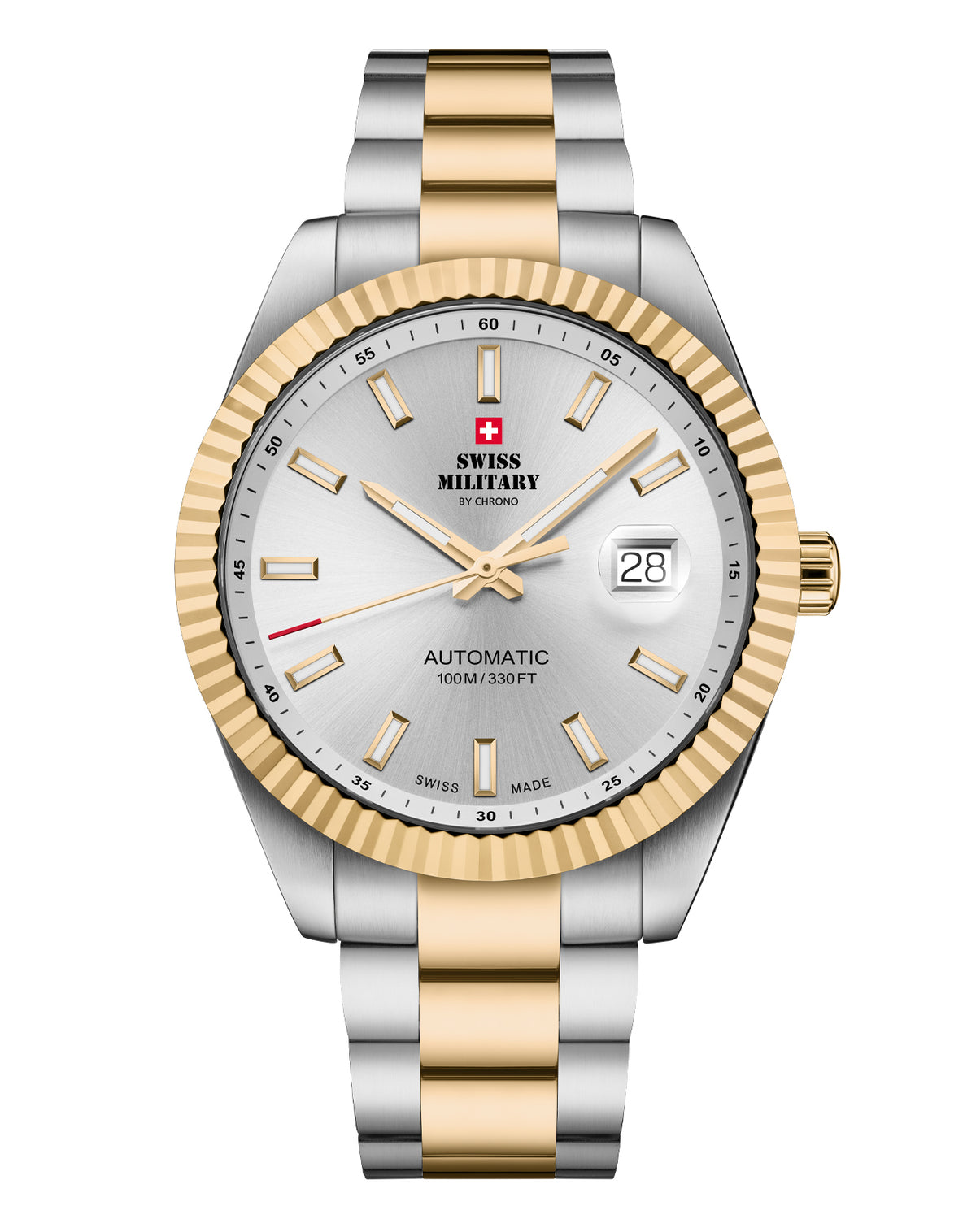 Swiss Military SMA34110.06 classic Swiss automatic watch with silver sunray dial and bi-color stainless steel and gold-tone bracelet