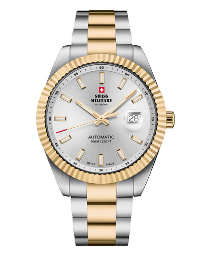 Swiss Military SMA34110.06 classic Swiss automatic watch with silver sunray dial and bi-color stainless steel and gold-tone bracelet
