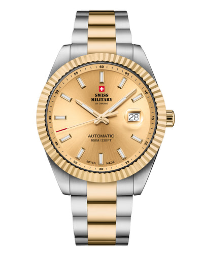 Swiss Military SMA34110.07 classic Swiss automatic watch with champagne sunray dial and bi-color stainless steel and gold-tone bracelet