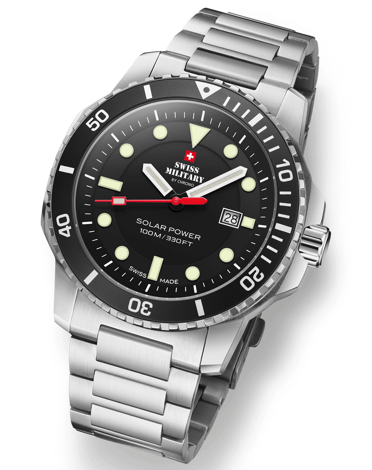 Swiss Military SMS34102.01 Swiss Made solar sports watch with stainless-steel bracelet and black dial on a black background