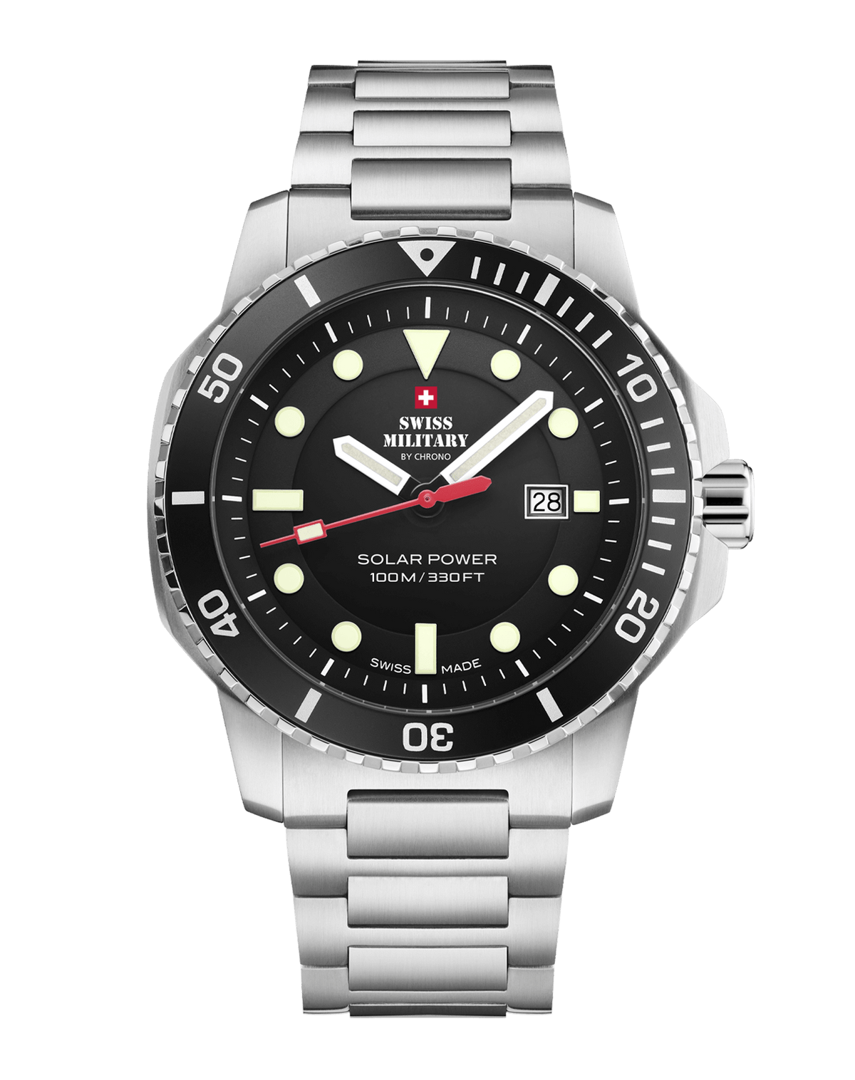 Frontansicht der Swiss Military SMS34102.01 Schweizer Solar Sportuhr – schwarzes Zifferblatt mit Edelstahlarmband und leuchtenden Markierungen.
