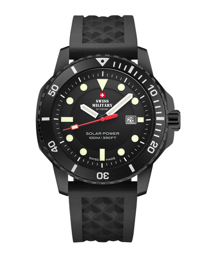 Swiss Military SMS34102.03 – Schweizer Solar Sportuhr mit schwarzem Zifferblatt, PVD-beschichtetem Gehäuse und schwarzem Kautschukband.