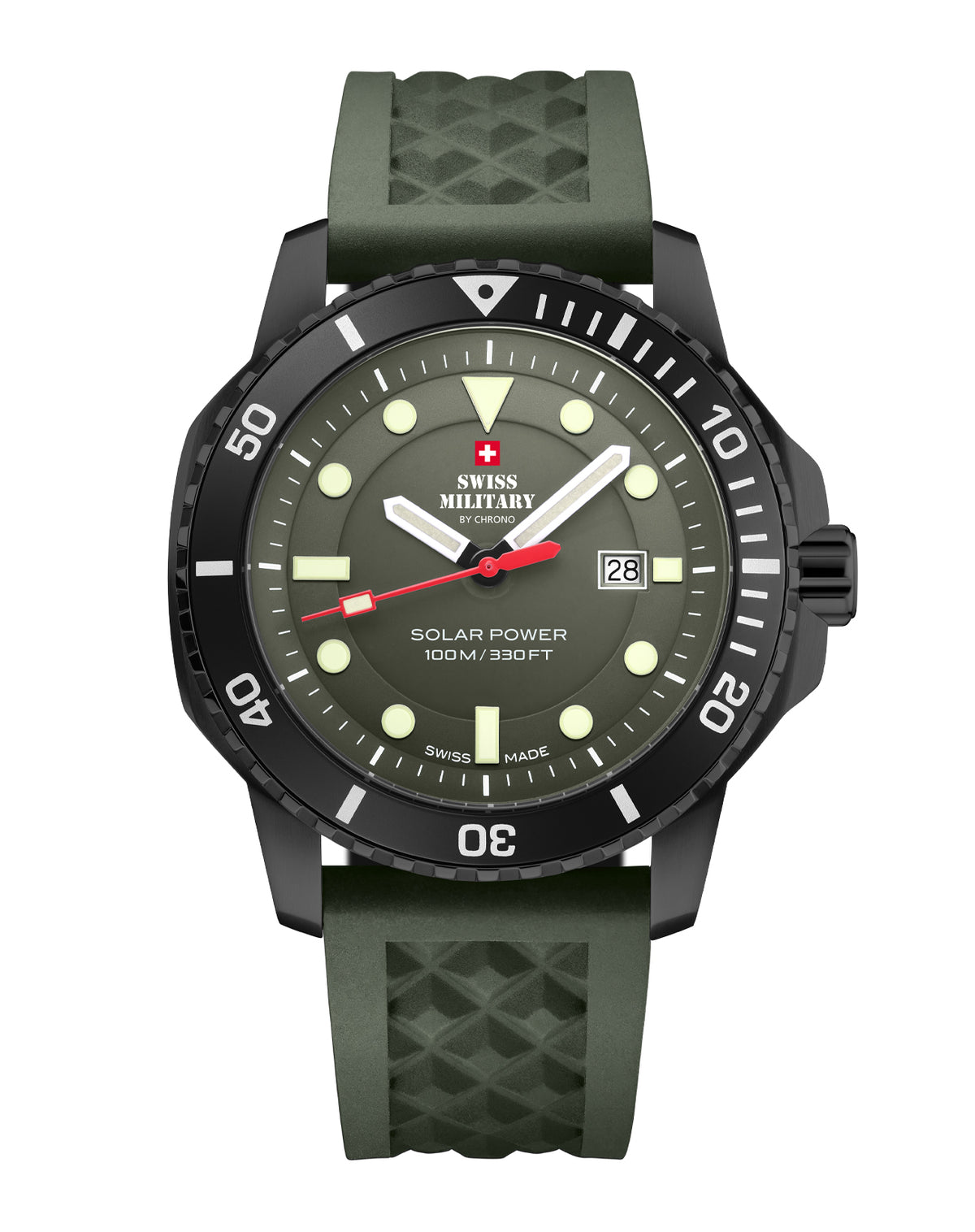 wiss Military SMS34102.06 Swiss Solar Sports Watch with green dial, black PVD-coated case, and green rubber band