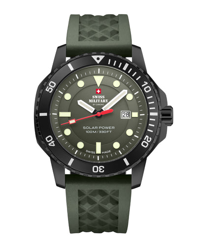 wiss Military SMS34102.06 Swiss Solar Sports Watch with green dial, black PVD-coated case, and green rubber band