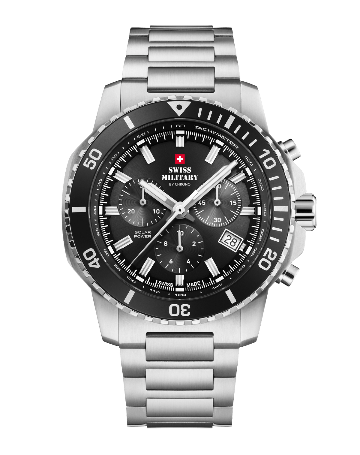 Vorderansicht des Swiss Military Solar Chronograph SMS34113.01 mit schwarzem Zifferblatt und Edelstahlarmband.