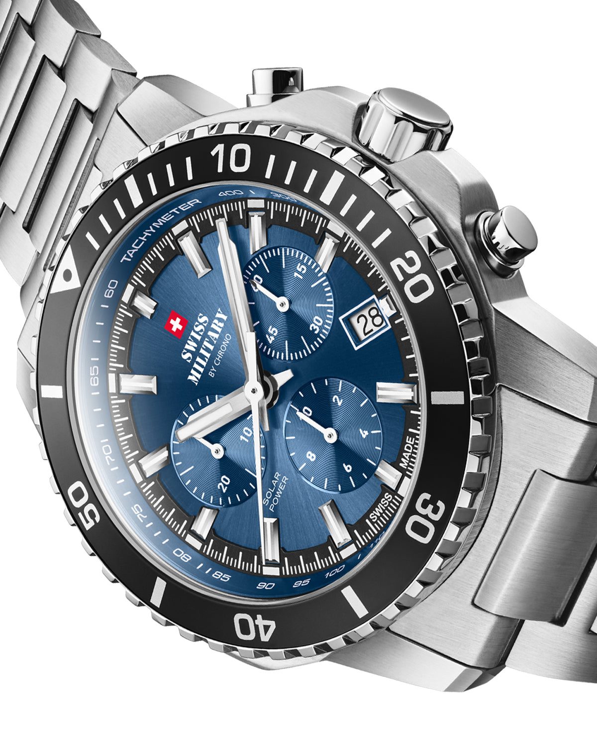 Schweizer Herren-Militärchronograph SMS34113.02 mit blauem Zifferblatt, Hilfszifferblättern und Tachymeterlünette.