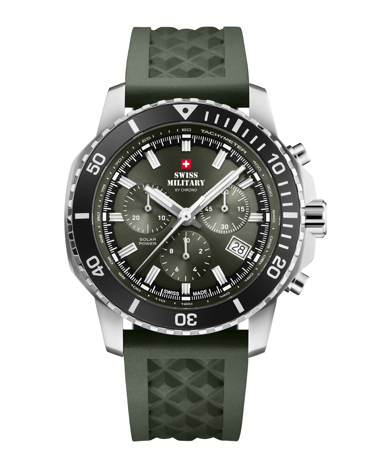 Vorderansicht des Swiss Military Solar Chronograph SMS34113.04 mit grünem Zifferblatt und Kautschukarmband.
