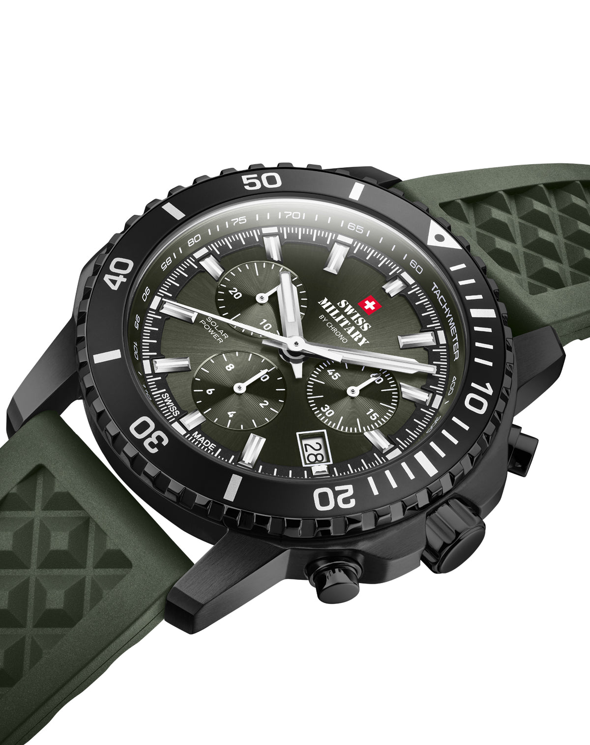 Schrägansicht des Swiss Solar Chronograph SMS34113.06 mit grünem Zifferblatt und schwarzem PVD-Gehäuse.