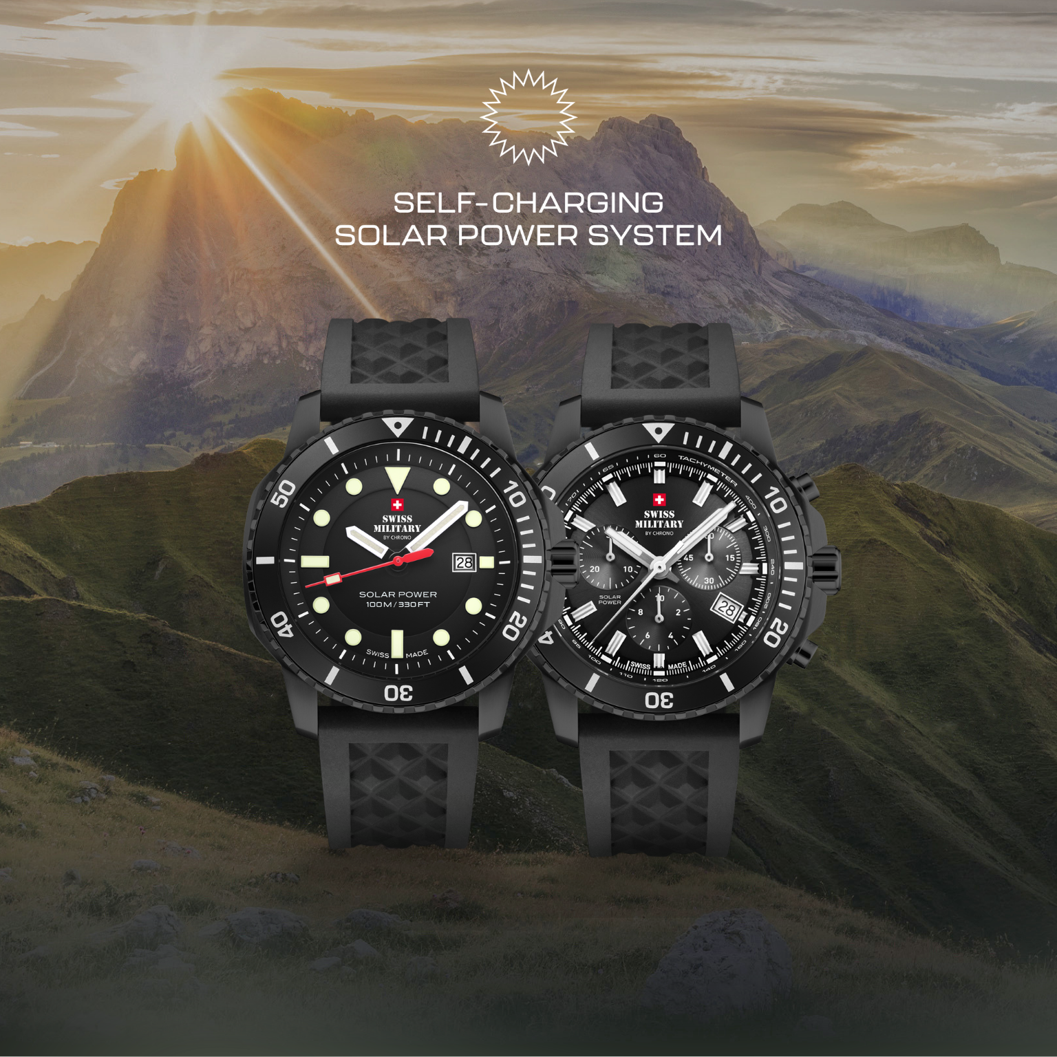 Swiss Military by Chrono Solar Power Watches in front of Swiss Mountains.
