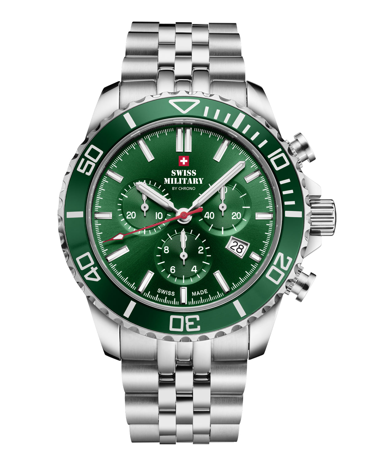 SM34103.04 Swiss Sports Chronograph Watch with green dial and bezel, featuring Swiss-made precision and 100M water resistance.