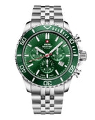 SM34103.04 Swiss Sports Chronograph Watch with green dial and bezel, featuring Swiss-made precision and 100M water resistance.