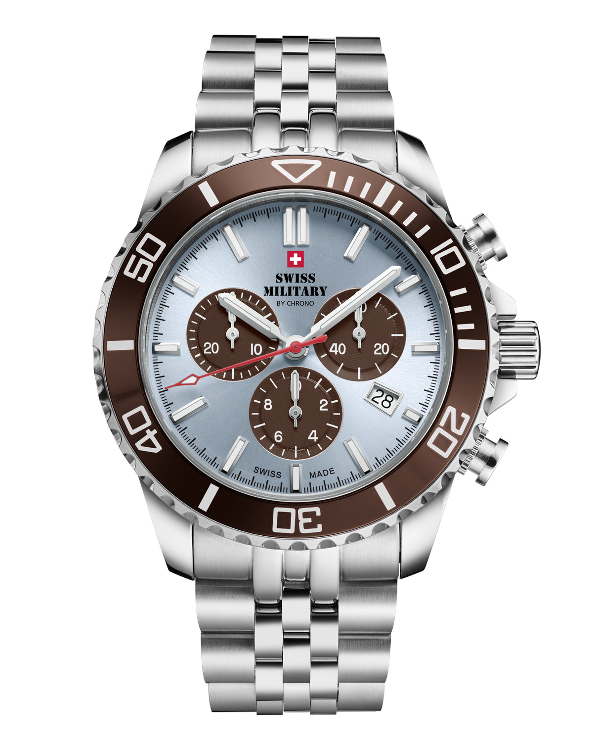 SM34103.06 Swiss Sports Chronograph Watch with a light blue dial, brown rotating bezel, and stainless steel bracelet, showcasing Swiss-made quality.
