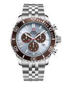 SM34103.06 Swiss Sports Chronograph Watch with a light blue dial, brown rotating bezel, and stainless steel bracelet, showcasing Swiss-made quality.