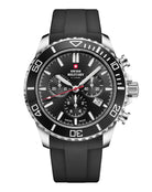 SM34103.07 Swiss Sports Chronograph Watch with black dial, black bezel, and black rubber band, featuring Swiss-made movement and 100M water resistance.