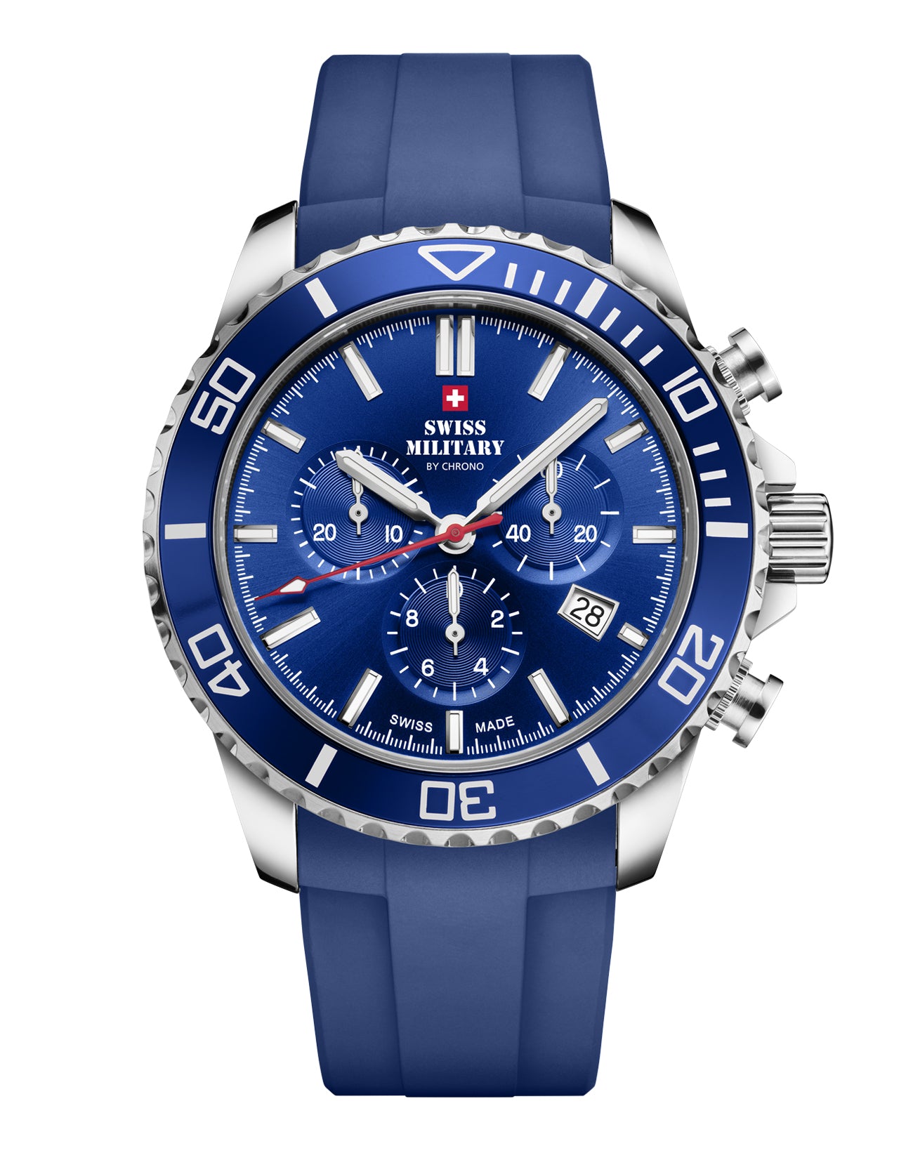 SM34103.08 Swiss Sports Chronograph Watch with blue dial, blue bezel, and blue rubber band, featuring Swiss-made movement and 100M water resistance.