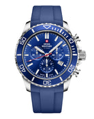 SM34103.08 Swiss Sports Chronograph Watch with blue dial, blue bezel, and blue rubber band, featuring Swiss-made movement and 100M water resistance.