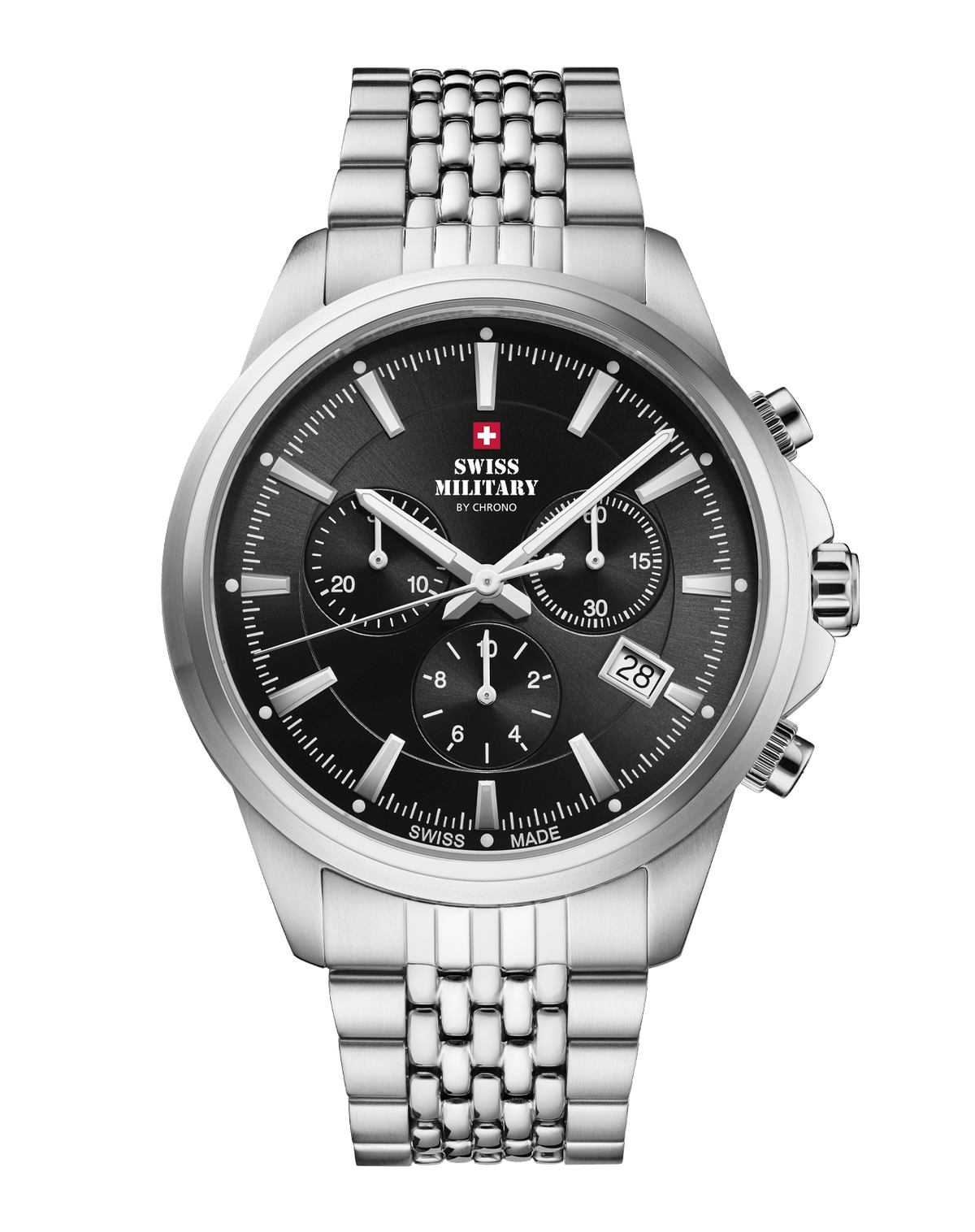 Swiss Military SM34107.01 Classic Chronograph Watch Black Steel with black sunray dial and stainless steel bracelet