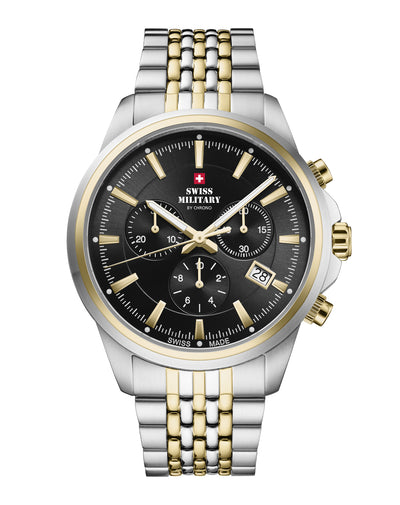 Swiss Military SM34107.05 Classic Chronograph Watch Black Bicolor with black sunray dial, bicolor stainless steel case, and bracelet.