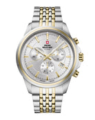 Swiss Military SM34107.06 Classic Chronograph Watch with silver sunray dial, bicolor stainless steel case, and Swiss-made chronograph movement.