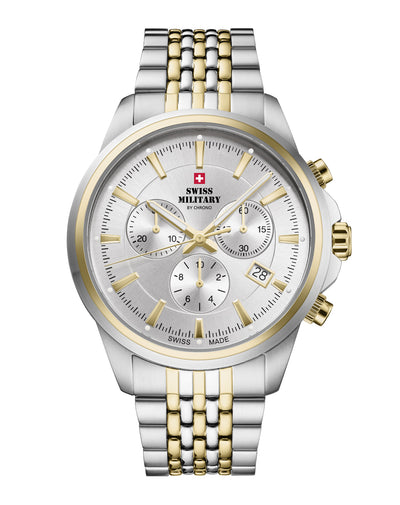 Swiss Military SM34107.06 Classic Chronograph Watch with silver sunray dial, bicolor stainless steel case, and Swiss-made chronograph movement.