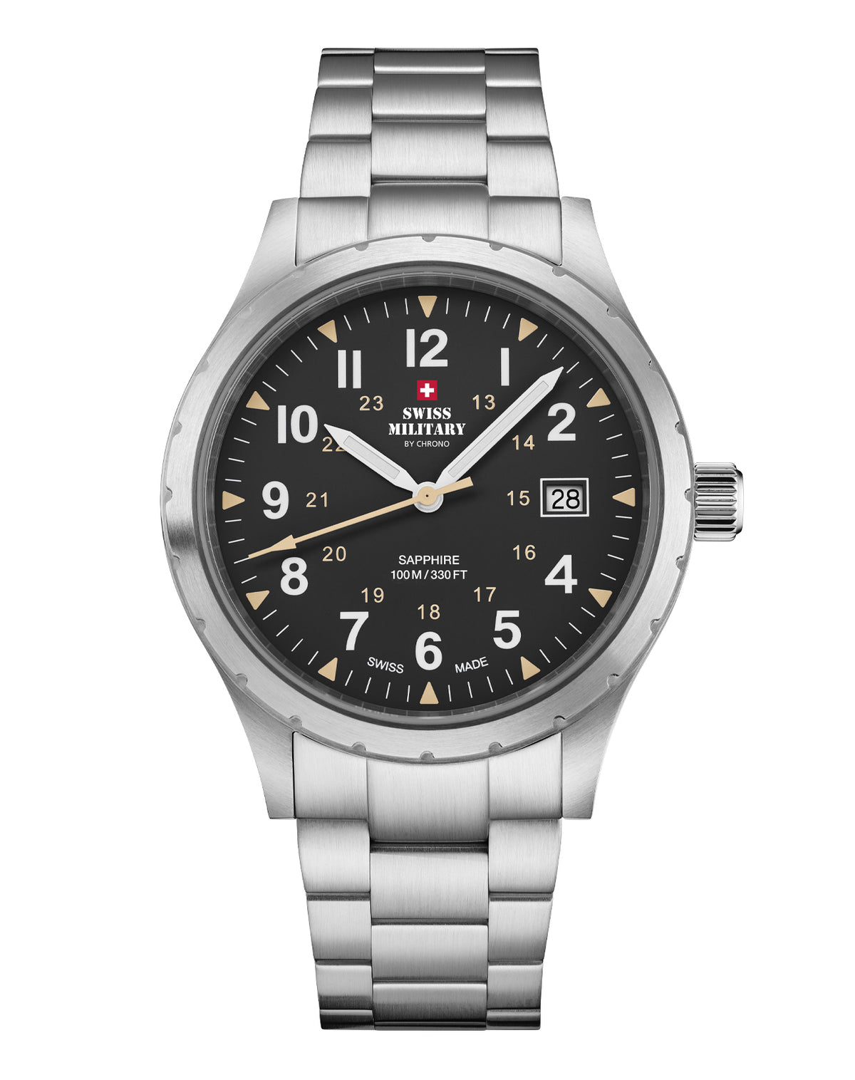 Classic Army Style Watch Black Steel with bold black dial and stainless steel case, crafted in Switzerland.