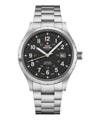 Classic Army Style Watch Black Steel with bold black dial and stainless steel case, crafted in Switzerland.