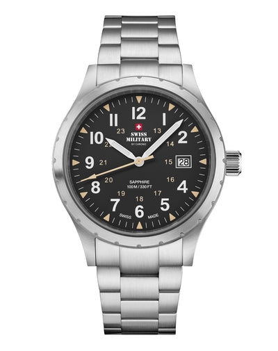 Classic Army Style Watch Black Steel with bold black dial and stainless steel case, crafted in Switzerland.