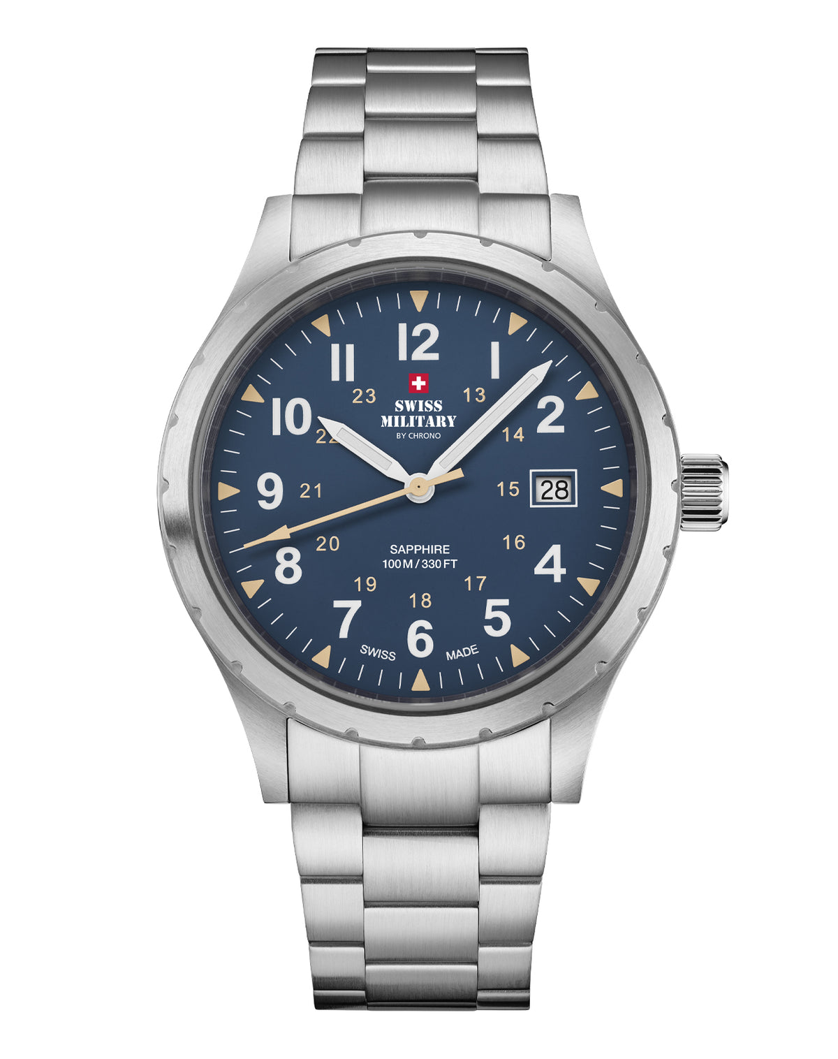 Swiss Military SM34108.03 Classic Army Style Watch with matte blue dial, beige military hours, luminous hands, and brushed stainless steel case.