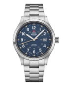 Swiss Military SM34108.03 Classic Army Style Watch with matte blue dial, beige military hours, luminous hands, and brushed stainless steel case.
