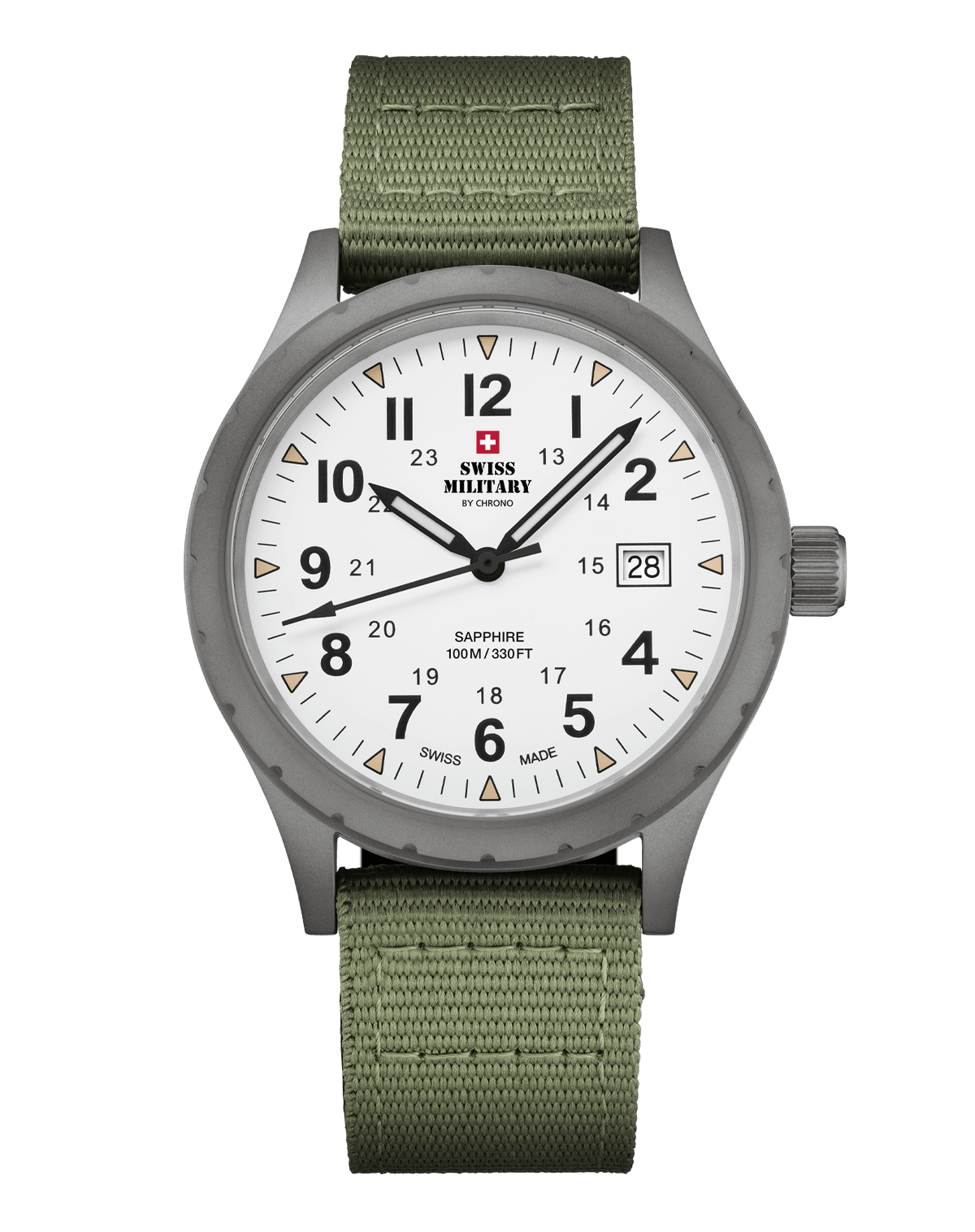 Swiss Military SM34108.04 Classic Army Style Watch with grey sandblast-finished stainless steel case, luminous hands, and green canvas strap.