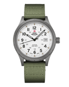 Swiss Military SM34108.04 Classic Army Style Watch with grey sandblast-finished stainless steel case, luminous hands, and green canvas strap.