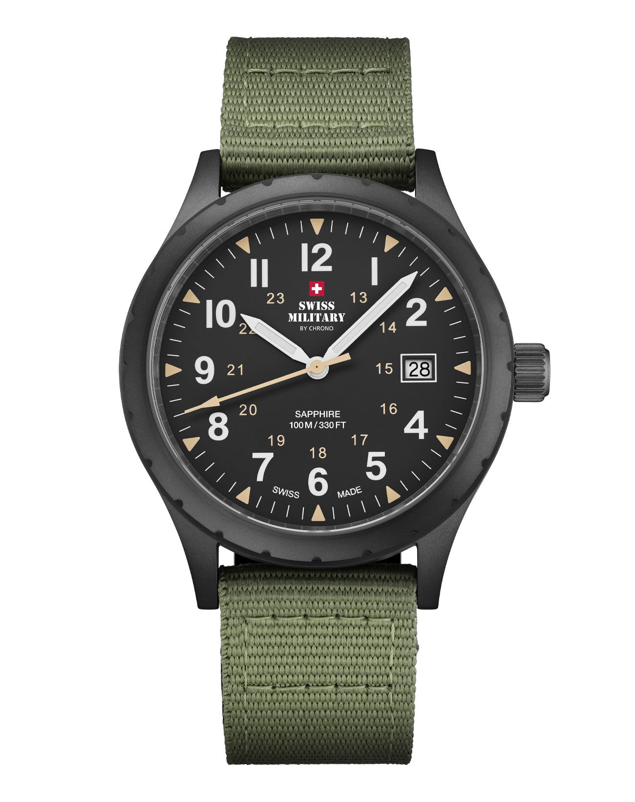 Swiss Military SM34108.07 Classic Army Style Watch with matte black dial, sandblast finish case, black PVD plating, and green canvas strap.