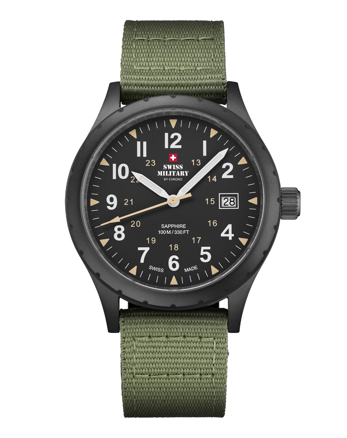 Swiss Military SM34108.07 Classic Army Style Watch with matte black dial, sandblast finish case, black PVD plating, and green canvas strap.