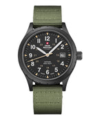 Swiss Military SM34108.07 Classic Army Style Watch with matte black dial, sandblast finish case, black PVD plating, and green canvas strap.
