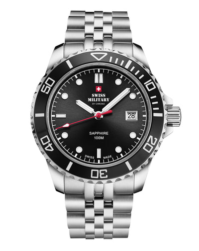 Swiss Military SM34109.01 Men's Sports Watch Black Steel with black sunray dial and rotating bezel