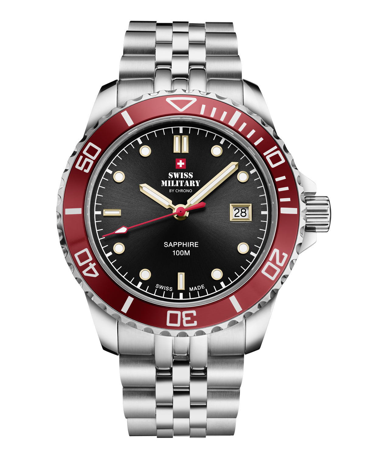 Swiss Military SM34109.04 Men's Sports Watch Red Steel with black sunray dial and red rotating bezel.