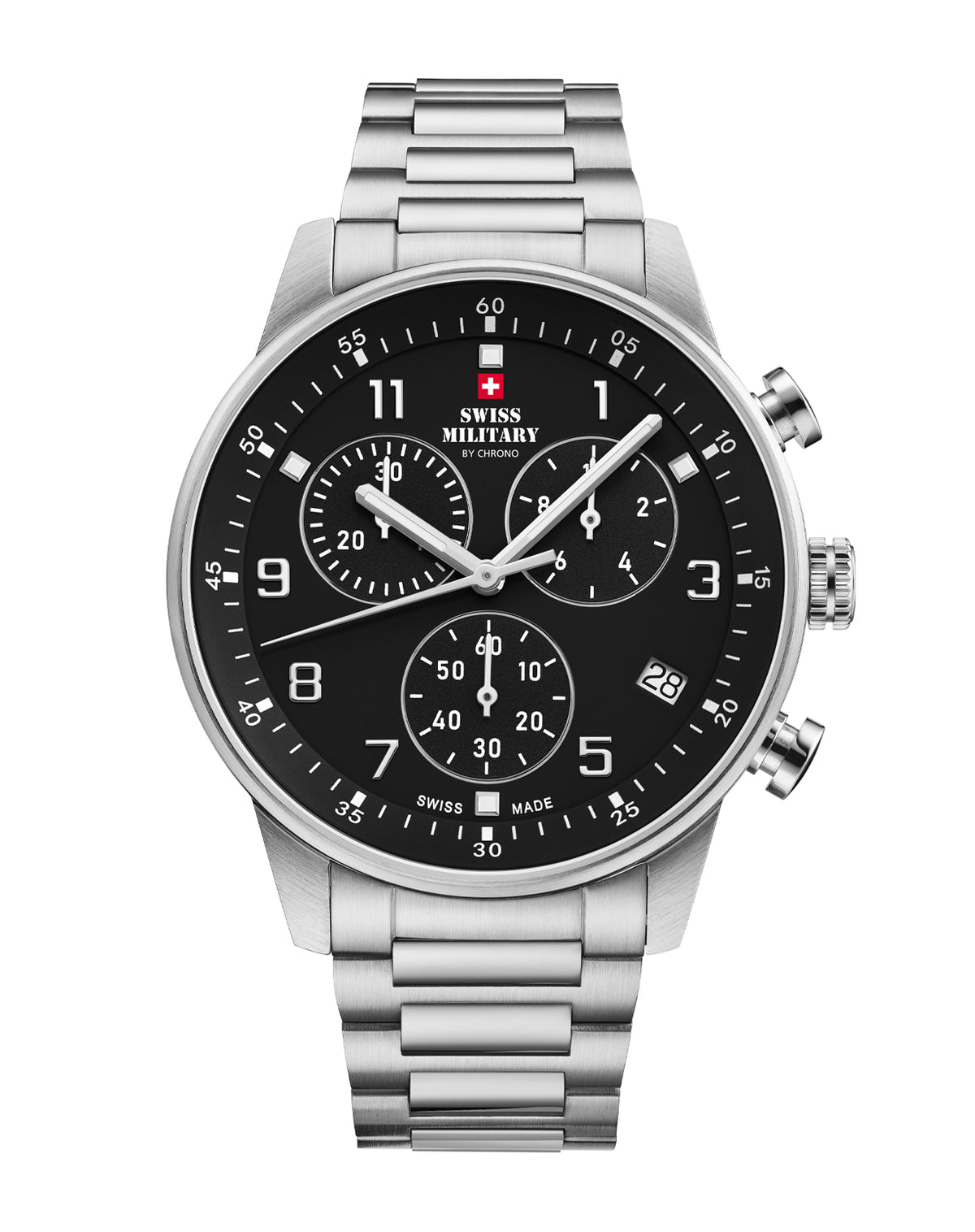 Swiss Military Minimalist Chronograph Watch with black dial and silver steel bracelet – Swiss Made men’s watch with stop‑function