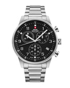 Reloj cronógrafo minimalista militar suizo con esfera negra y brazalete de acero plateado - Reloj para hombre Swiss Made con función de parada