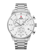 Reloj cronógrafo minimalista militar suizo con esfera blanca y brazalete de acero plateado - Reloj de caballero Swiss Made con función de parada.