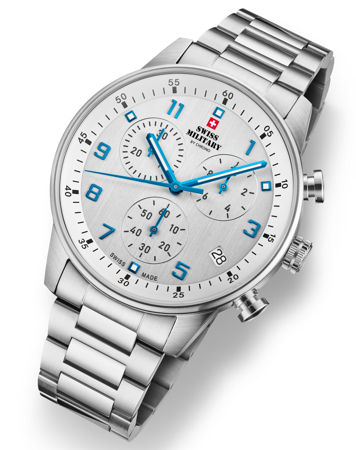 Angle view of Swiss Military Minimalist Chronograph Watch – silver steel case with white dial and blue markers.
