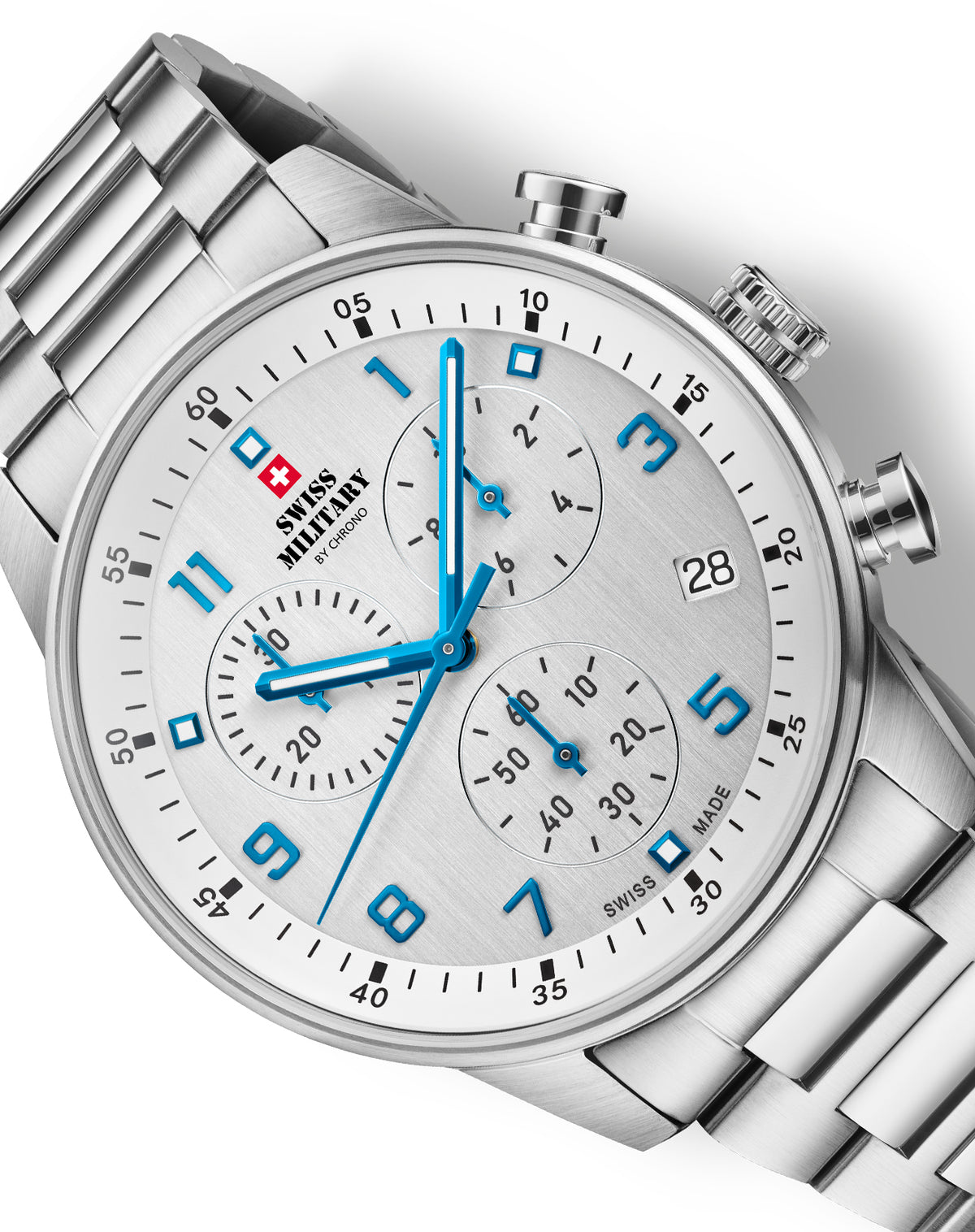 Detailed angle of Swiss Military Minimalist Chronograph Watch showing blue hands and steel bracelet.