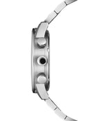 Side view Swiss Military Minimalist Chronograph Watch – silver case with white dial and blue hands.