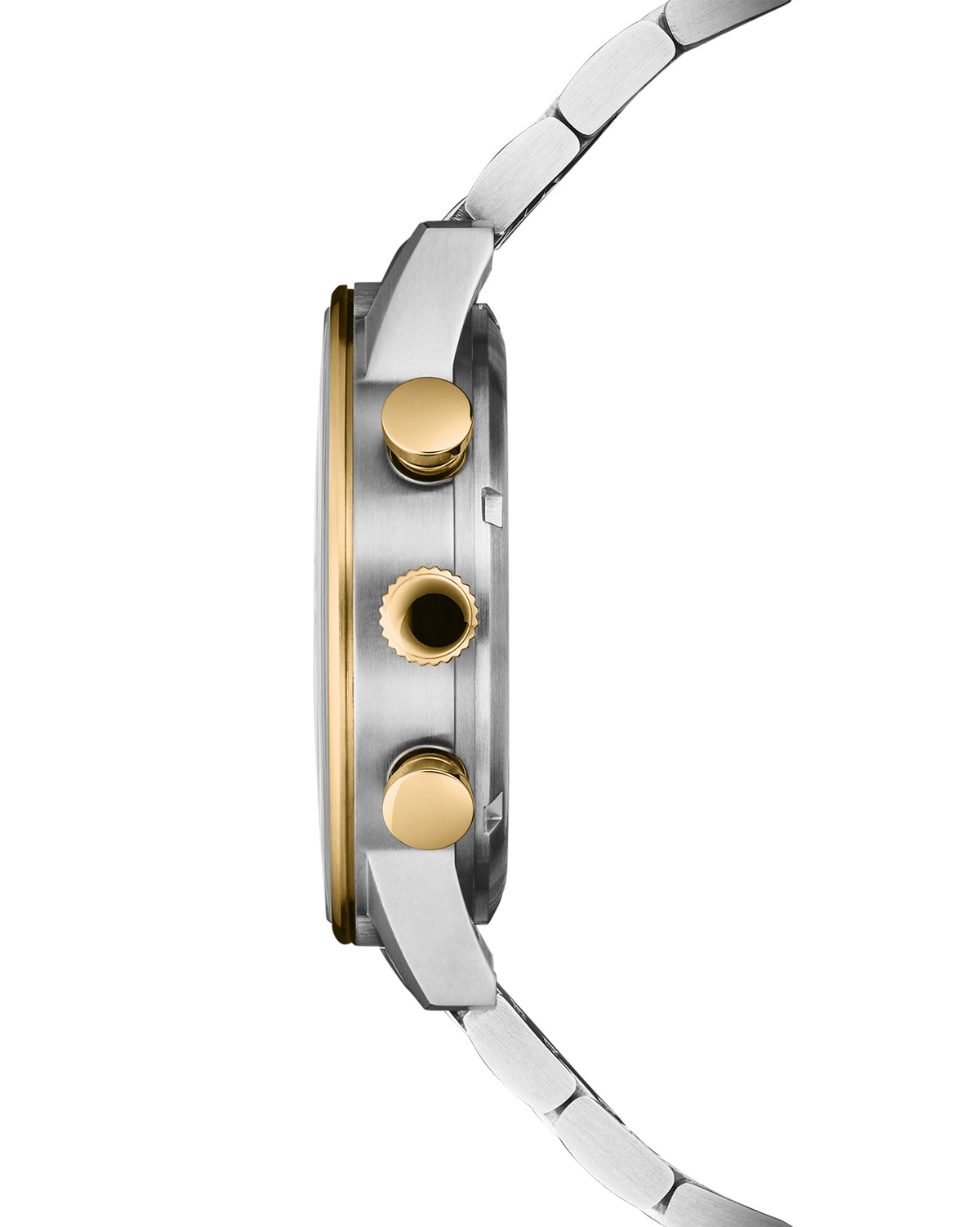 Side view Swiss Military Minimalist Chronograph Watch – bicolor silver and gold case with polished pushers and steel bracelet.