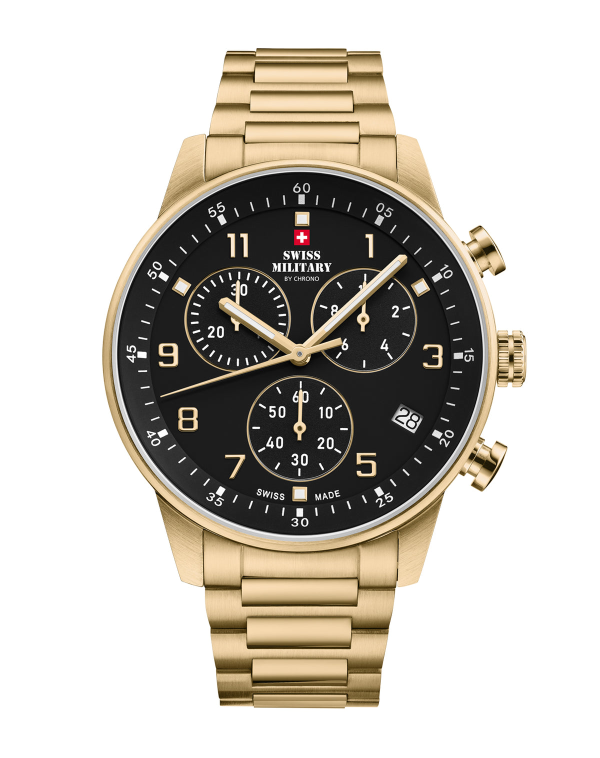Swiss Military Minimalist Chronograph Watch with black dial and gold steel bracelet – Swiss Made luxury watch with stop‑function.