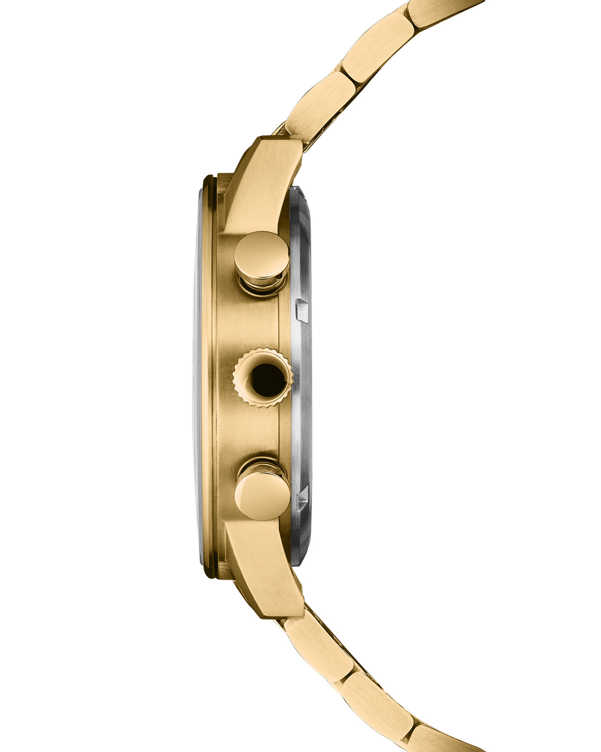Side view of Swiss Military Minimalist Chronograph Watch – gold case with black dial and polished pushers.
