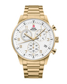 Swiss Military Minimalist Chronograph Watch with white dial and gold steel bracelet – Swiss Made watch with stop‑function and 5‑year warranty.