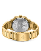 Back view Swiss Military Minimalist Chronograph Watch – engraved Swiss Military logo and official Swiss Confederation license on gold steel case.
